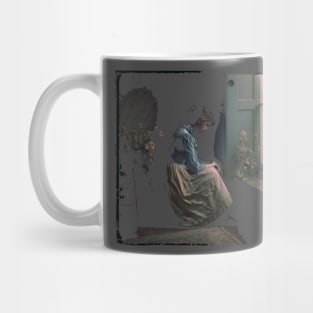 Poor young woman next to window with flowers Mug